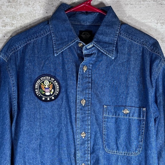 America First DOCKERS Denim Button Up Shirt W/USA Patch Size Medium - Picture 2 of 12